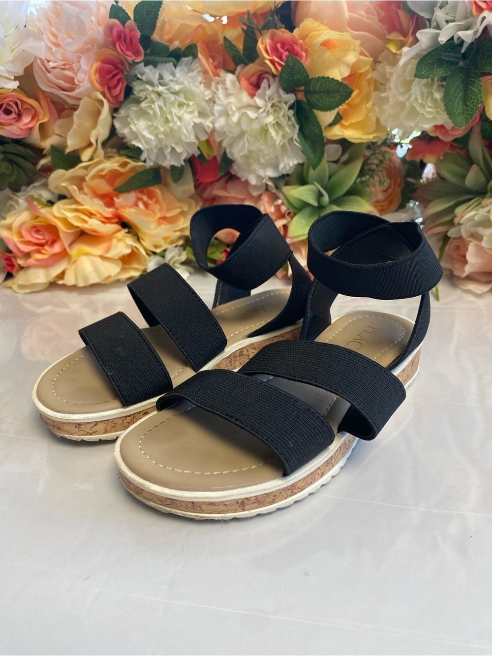 The Children’s Place Girls Elastic Strap Sandals Black Cork-Look Youth Size 11